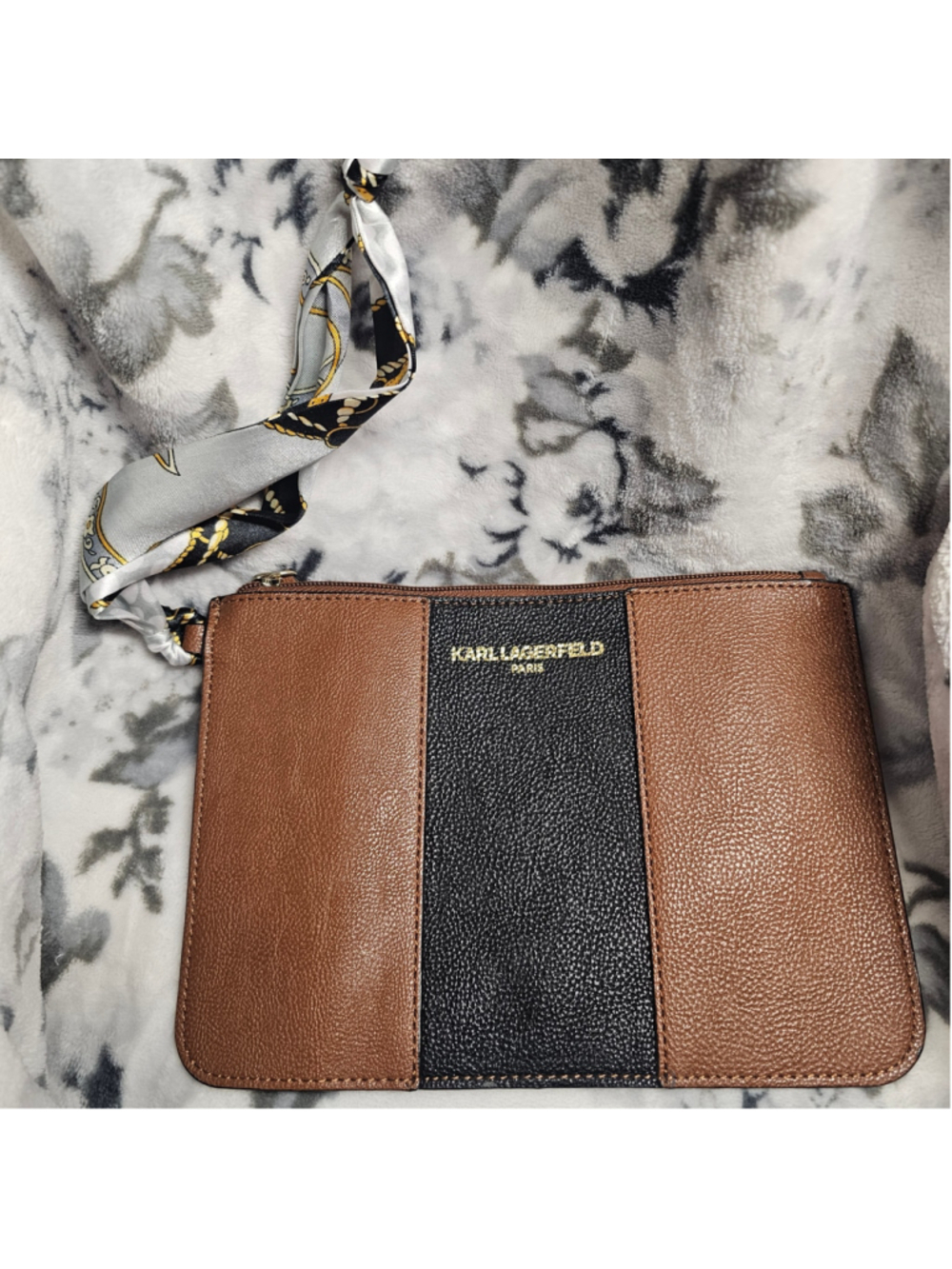 Karl Lagerfeld Paris Colorblock Leather Pouch Wristlet with Satin Scarf Strap